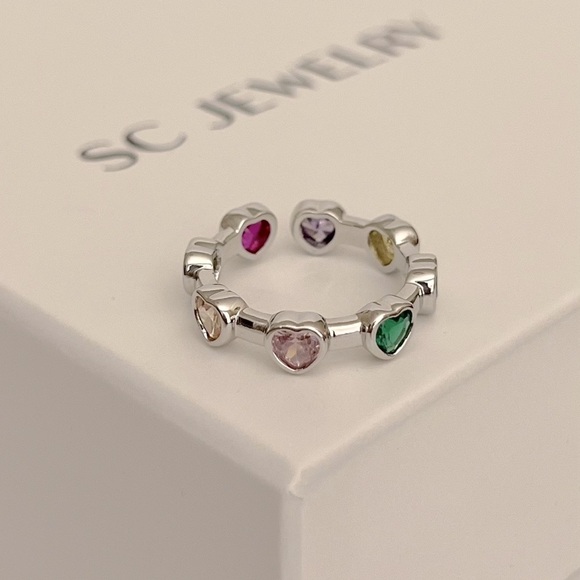 Platinum Plated Adjustable Heart Ring | Colorful Heart Zircon - Picture 5 of 8